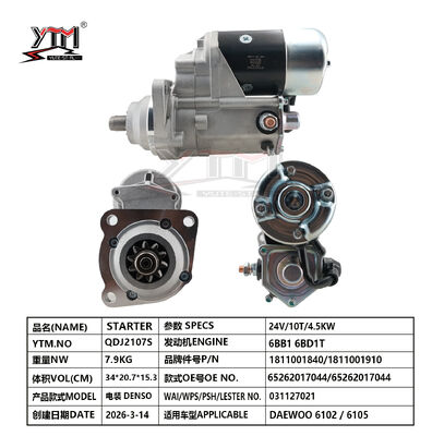 24V 10T 4.5KW  Engine Starter Motor DAEWO0 6102 6105 Diesel Engine Accessories 1811001840/1811001910 65262017044 65262017044 for  DENSO