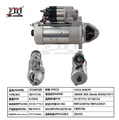 YTM QD1213A 12V 2.3KW 9T Starter Motor for Deutz D436 1011 Engine Genie S65 0001223016 0001223021 Deutz 01181751 01182124 Replacement Starter