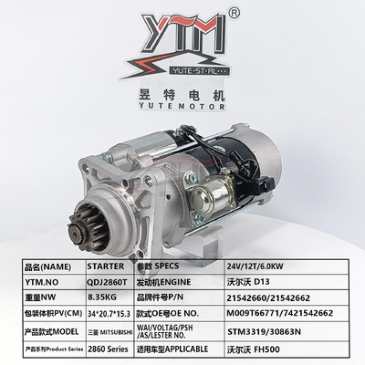 Starter Motor 24V 12T 6.0KW QDJ2860T OE M009T66771 7421542662 21542660 For Volvo D13 Engine Volvo FH500 Mitsubishi Type Starting Motor
