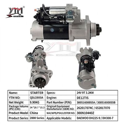 24V 3.2KW 9T Starter Motor For Daewoo DH225‑9 DH300‑7 DE12TIS Engine OE 262017074C 30051600055A
