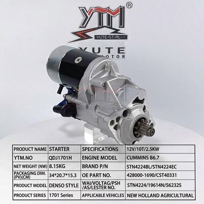 QDJ1701H 12V 10T 2.5KW Starter Motor For Cummins B6.7 New Holland Tractor 428000-1690 CST40331 STN4224BL STN4224EC STN4224