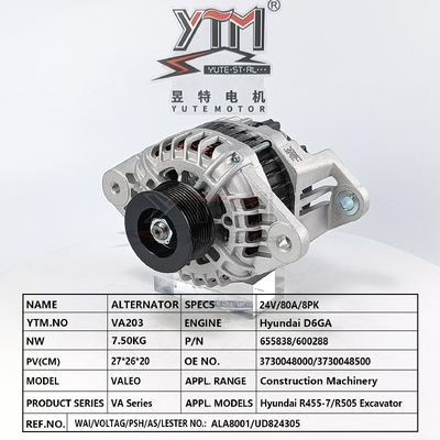 VA203 24V 80A 8PK Alternator For Hyundai R455-7 R505 Excavator D6GA Engine 3730048000 3730048500 ALA8001 UD824305