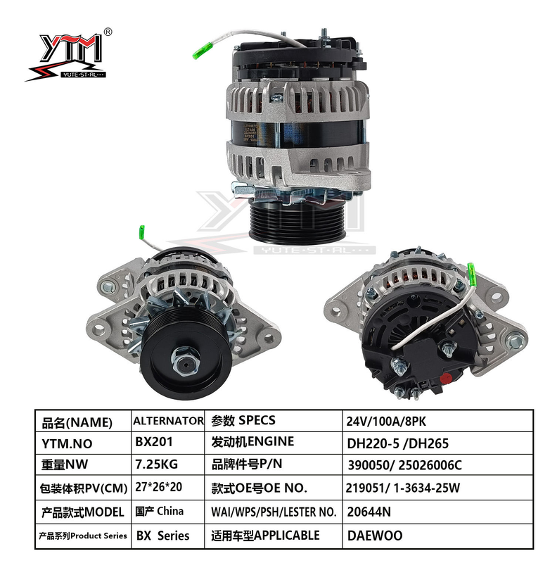 BX201 24V 100A 8PK Alternator Assembly OE Numbers 219051 390050 for DAEWOO DH220-5/DH265 Excavator