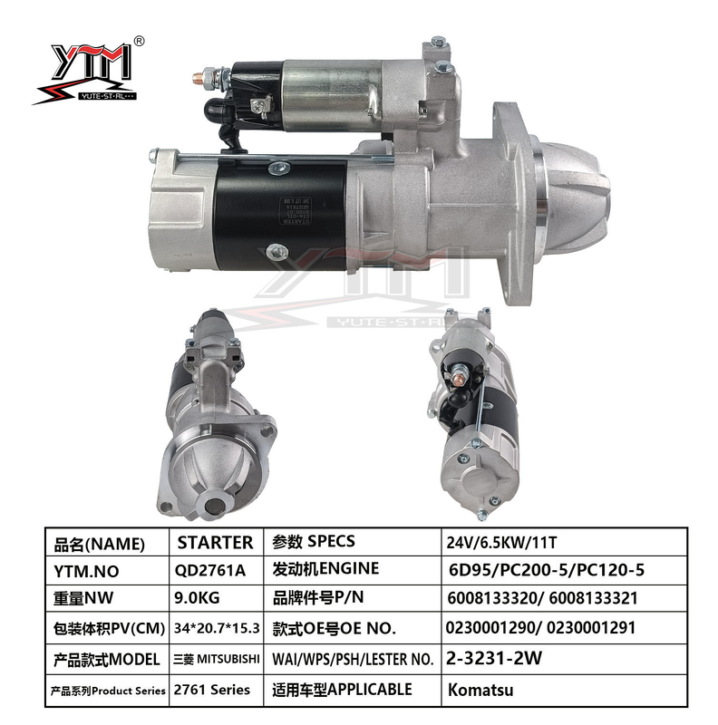 24V 11T 6.5KW Starter Motor QD2761A For Komatsu PC200-5 PC120-5 6D95 Engine OE 0230001290 6008133320 2-3231-2W