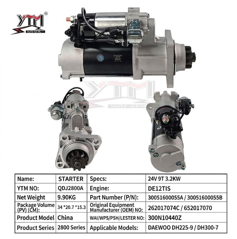 24V 3.2KW 9T Starter Motor For Daewoo DH225‑9 DH300‑7 DE12TIS Engine OE 262017074C 30051600055A